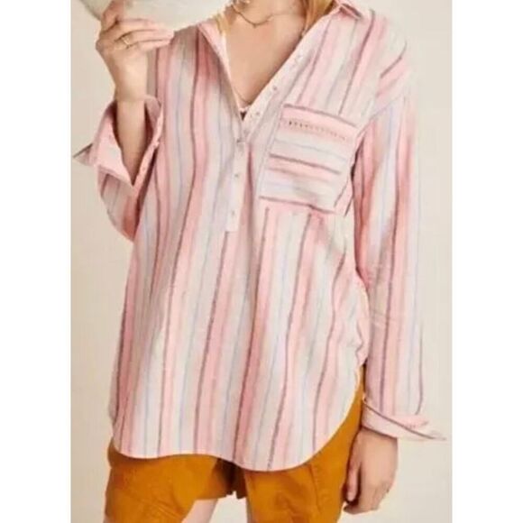 Anthropologie Maeve Lida Button Down Stripe Linen Top Pink size 1X - Picture 9 of 10